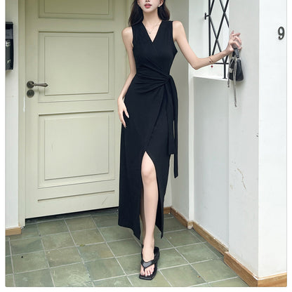 Fashionable Waist-Hugging French Striped Tie-Strap Slit Dress