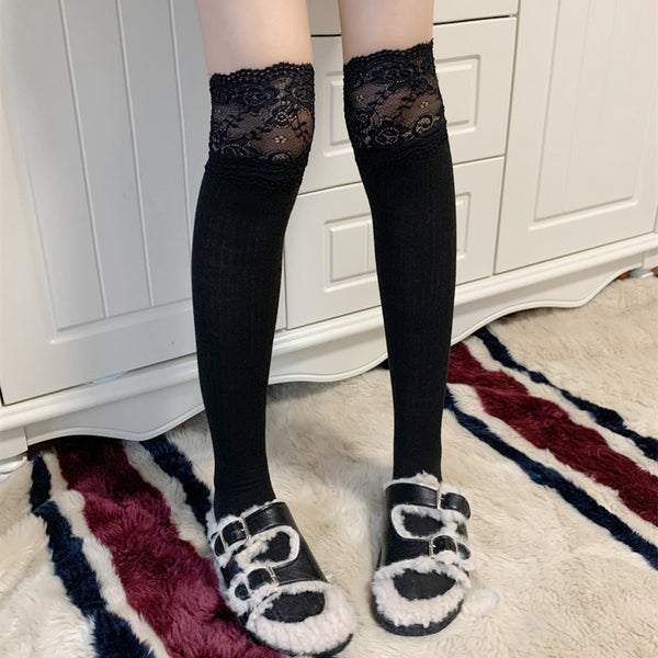 Lace Stitched Over-The-Knee Cotton Stockings