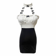 Halter neck hollow bow knot bodycon black white dress
