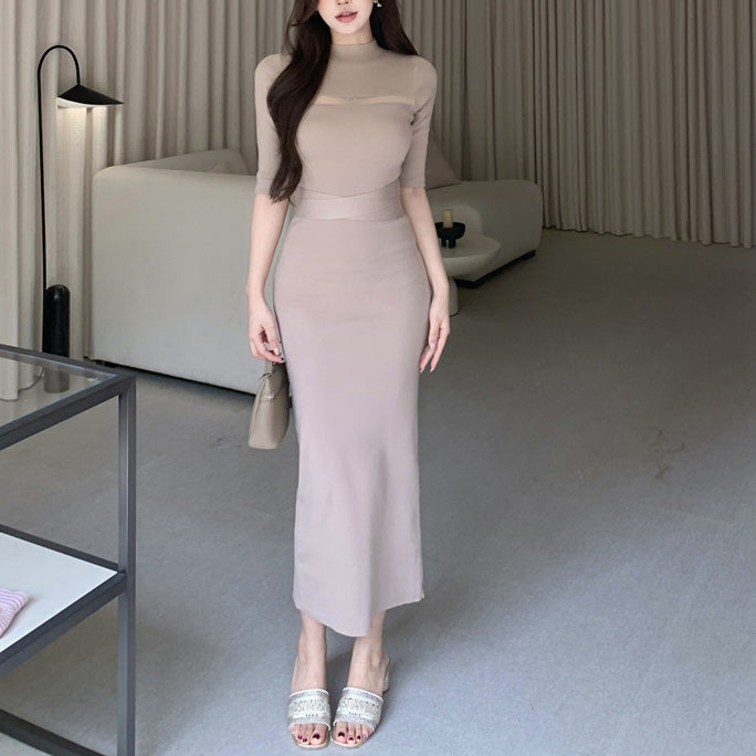 Mock-Neck Mid-Sleeve Knit Dress