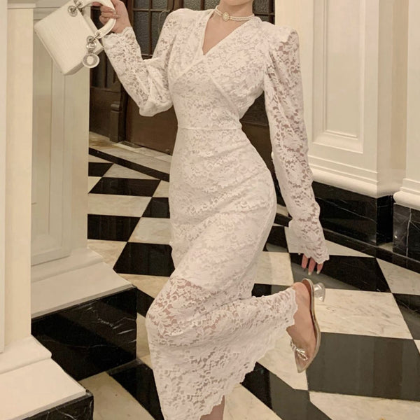 White Long-Sleeved Temperament Lace V-Neck Dress
