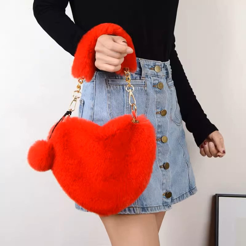 Plush Peach Heart Love Handbag Heart-Shaped Crossbody Bag