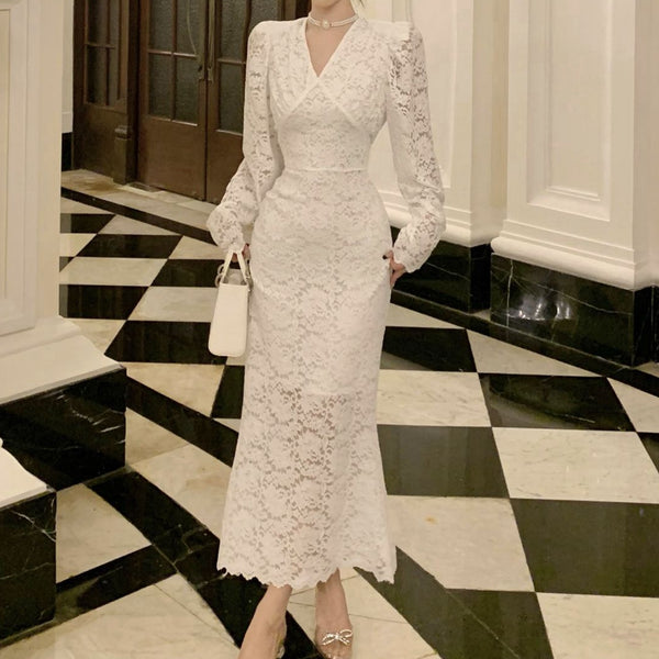 White Long-Sleeved Temperament Lace V-Neck Dress