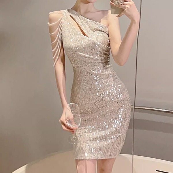 Sequined Off-Shoulder Waist Prom Dress
