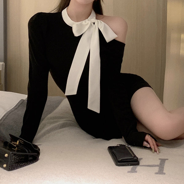 Black Graceful Strappy One-Shoulder Knit Dress