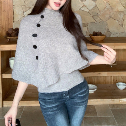 Vintage-Style Asymmetric Side-Button Off-Shoulder Knit Cardigan