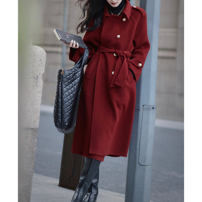 Retro Red Long Wool Coat With Gold Buttons