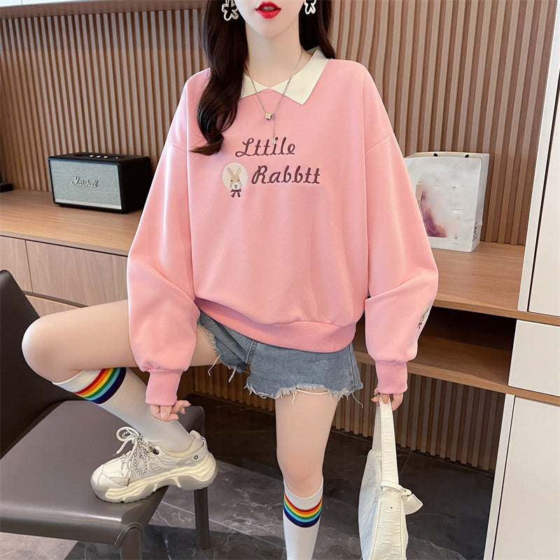 Loose-Fitting Op Collar Patchwork Plus Size Long-Sleeved Sweatshirt
