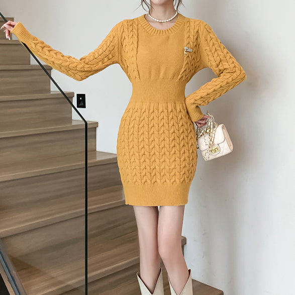 Round Neck Linen Sweater Hip-Covering Knitted Dress