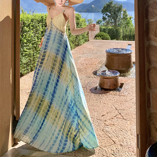Dyed Seashell Beaded Linen Yellow And Blue Color-Blocked Sundress