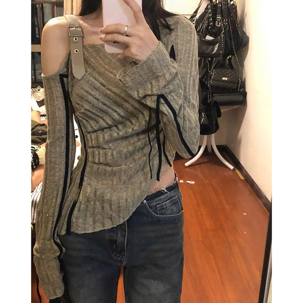 Solid Color One-Shoulder Long-Sleeved Knitted Top