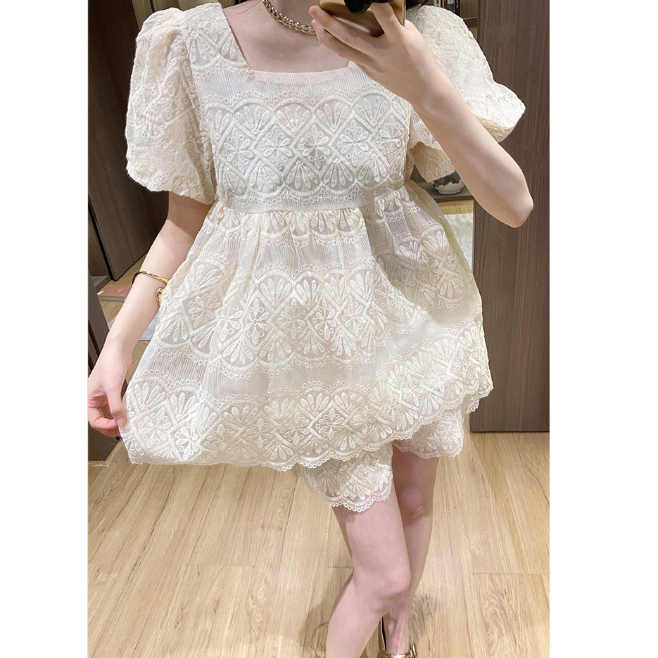 Lace Short-Sleeved Top And Shorts Two-Piece Set