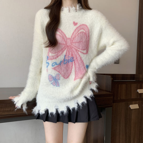 Bow Mohair Sweater Long Sleeve Knit Top