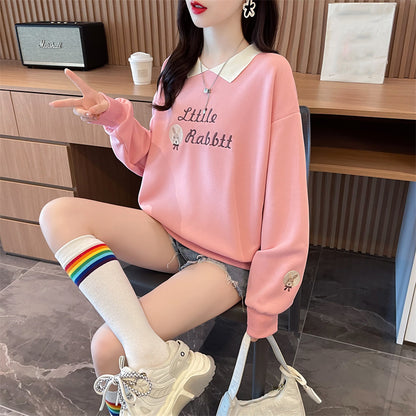 Loose-Fitting Op Collar Patchwork Plus Size Long-Sleeved Sweatshirt