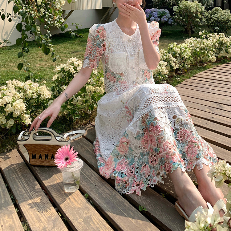 Lace Floral Puff Sleeve Skirt Set