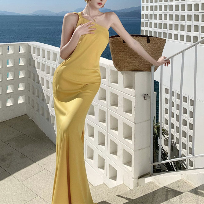 French-Style Backless Yellow Satin Evening Gown