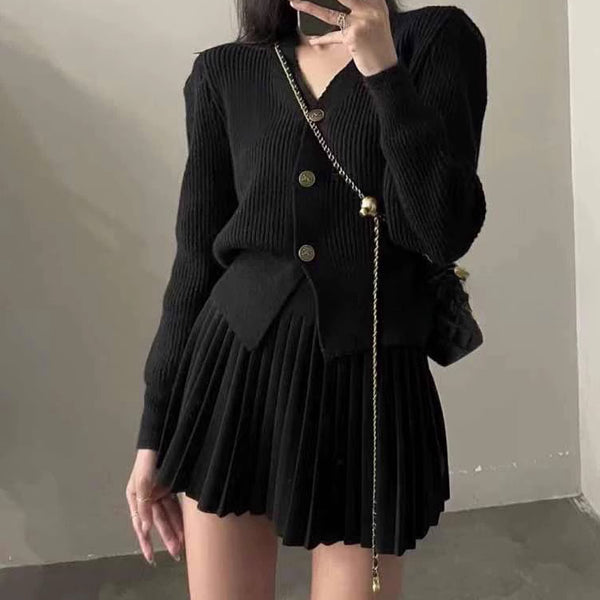 Single-Breasted Sweater High-Waisted Pleated Skirt Set