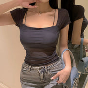 Self-contained chest pad splicing mesh t-shirt top