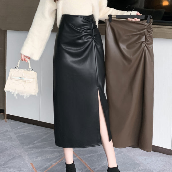 High-Waisted Slit A-Line Washed Leather Skirt