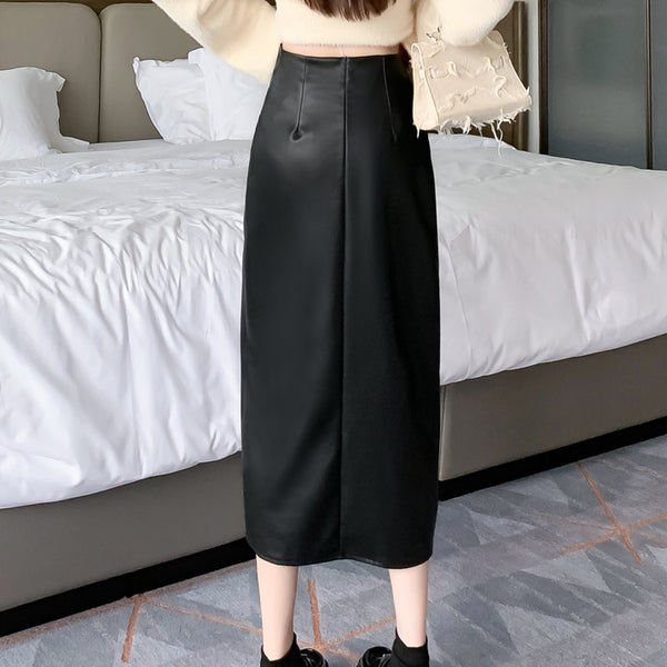 High-Waisted Slit A-Line Washed Leather Skirt