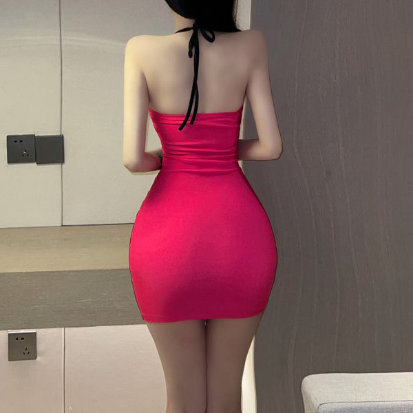 Halter Neck Bodycon Stretch Color Block Backless Bow Dress