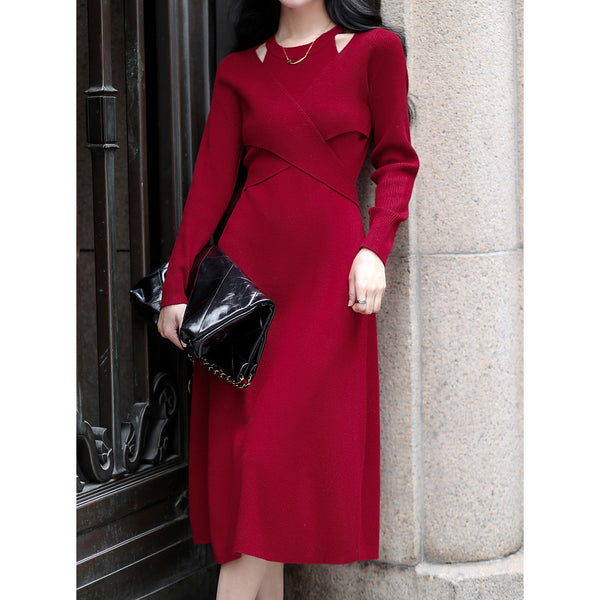 Long-Sleeved Knitted Crossover Bodycon Dress