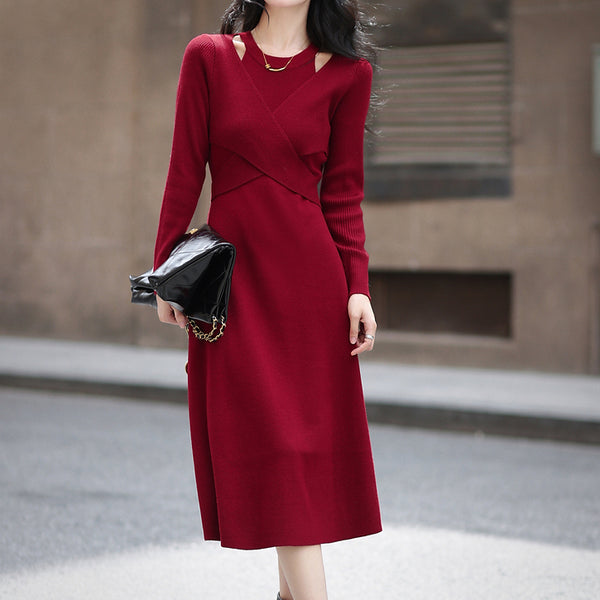 Long-Sleeved Knitted Crossover Bodycon Dress
