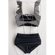 Swimwear Split Boxer Plaid Short Sleeve Sports Swimsuit
