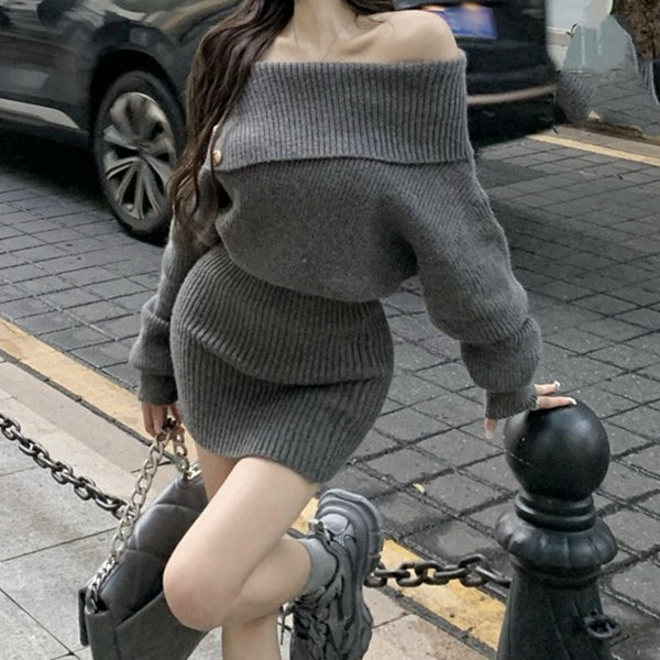Off-Shoulder Sweater Long-Sleeved Knitted Dress