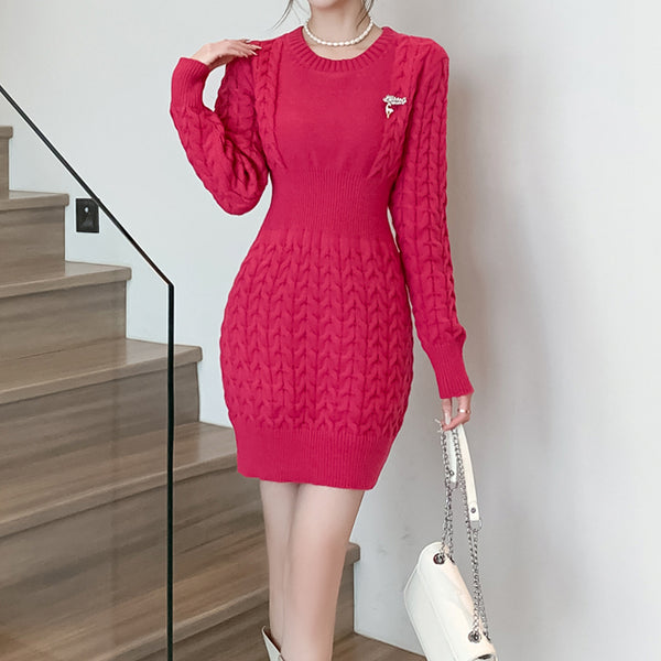 Round Neck Linen Sweater Hip-Covering Knitted Dress