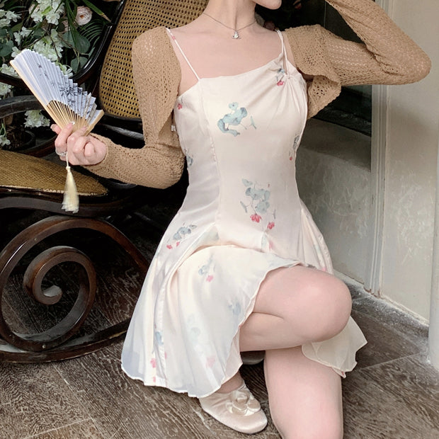Splicing Mesh Cami Dress Hollow Cardigan Shawl Blouse