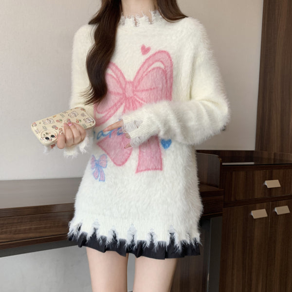 Bow Mohair Sweater Long Sleeve Knit Top
