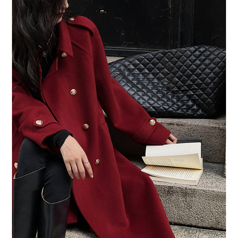 Retro Red Long Wool Coat With Gold Buttons