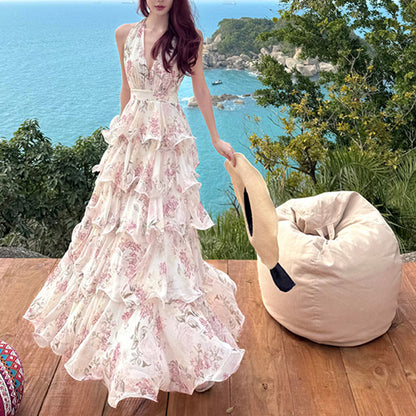 Chiffon Floral Halter Neck Vacation Dress