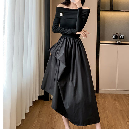 Off-The-Shoulder French-Style Fitted Black Dress