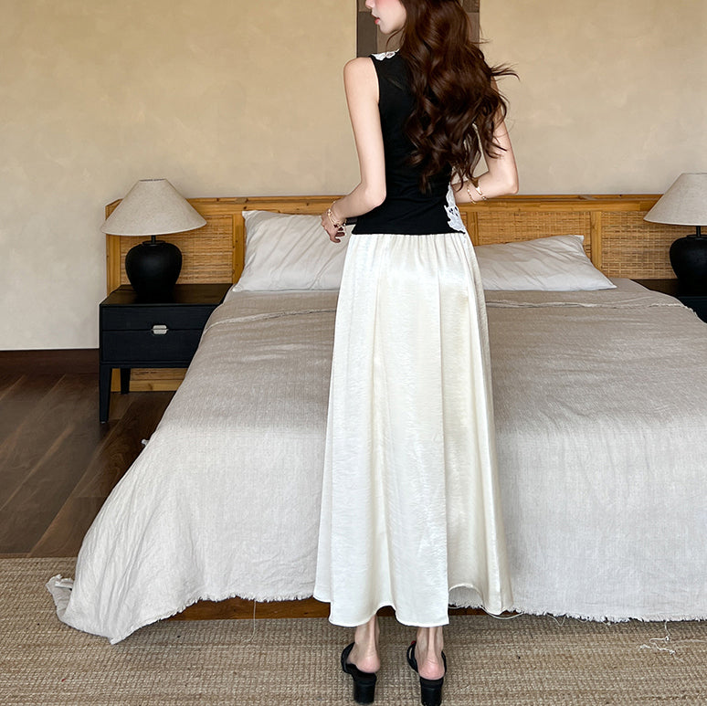 Sleeveless Knitted Lace-Trimmed Top And High-Waisted Skirt Two-Piece Set