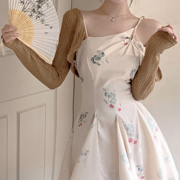 Splicing Mesh Cami Dress Hollow Cardigan Shawl Blouse