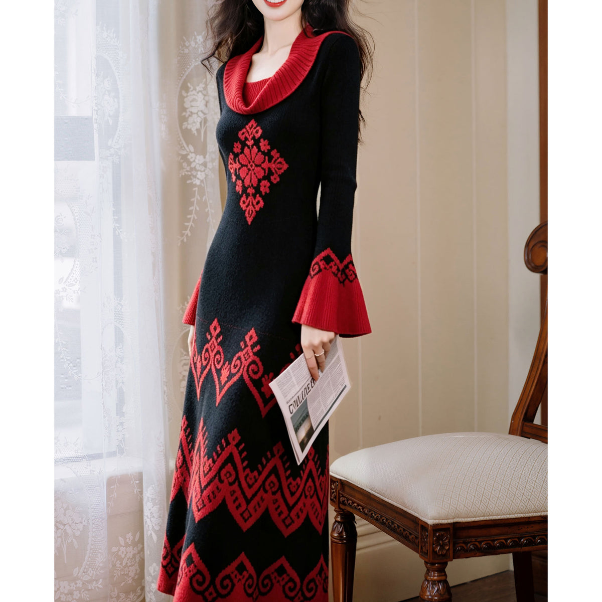 Off-The-Shoulder Vintage-Style Knit Dress