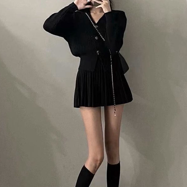 Single-Breasted Sweater High-Waisted Pleated Skirt Set