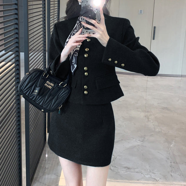 Waist-Cinching Wool Blend Blazer And Skirt Two-Piece Set