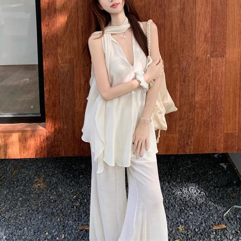 Stylish Sleeveless V-Neck Loose Vest And Pants Two-Piece Set