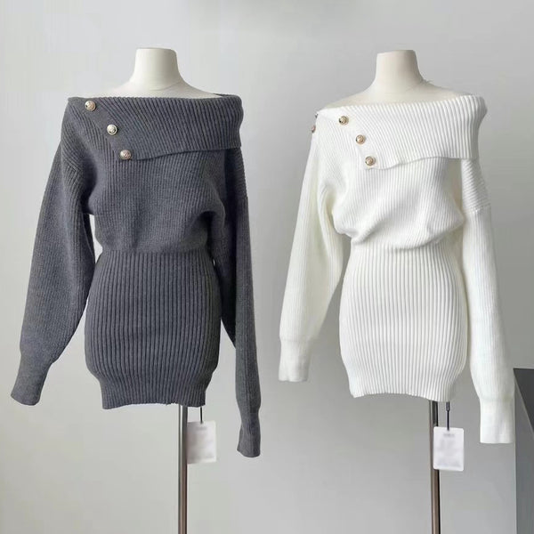 Off-Shoulder Sweater Long-Sleeved Knitted Dress