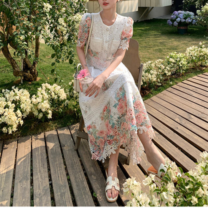 Lace Floral Puff Sleeve Skirt Set