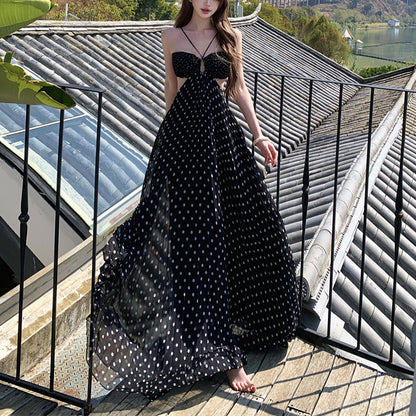 French Polka Dot Cutout Halter Neck Dress