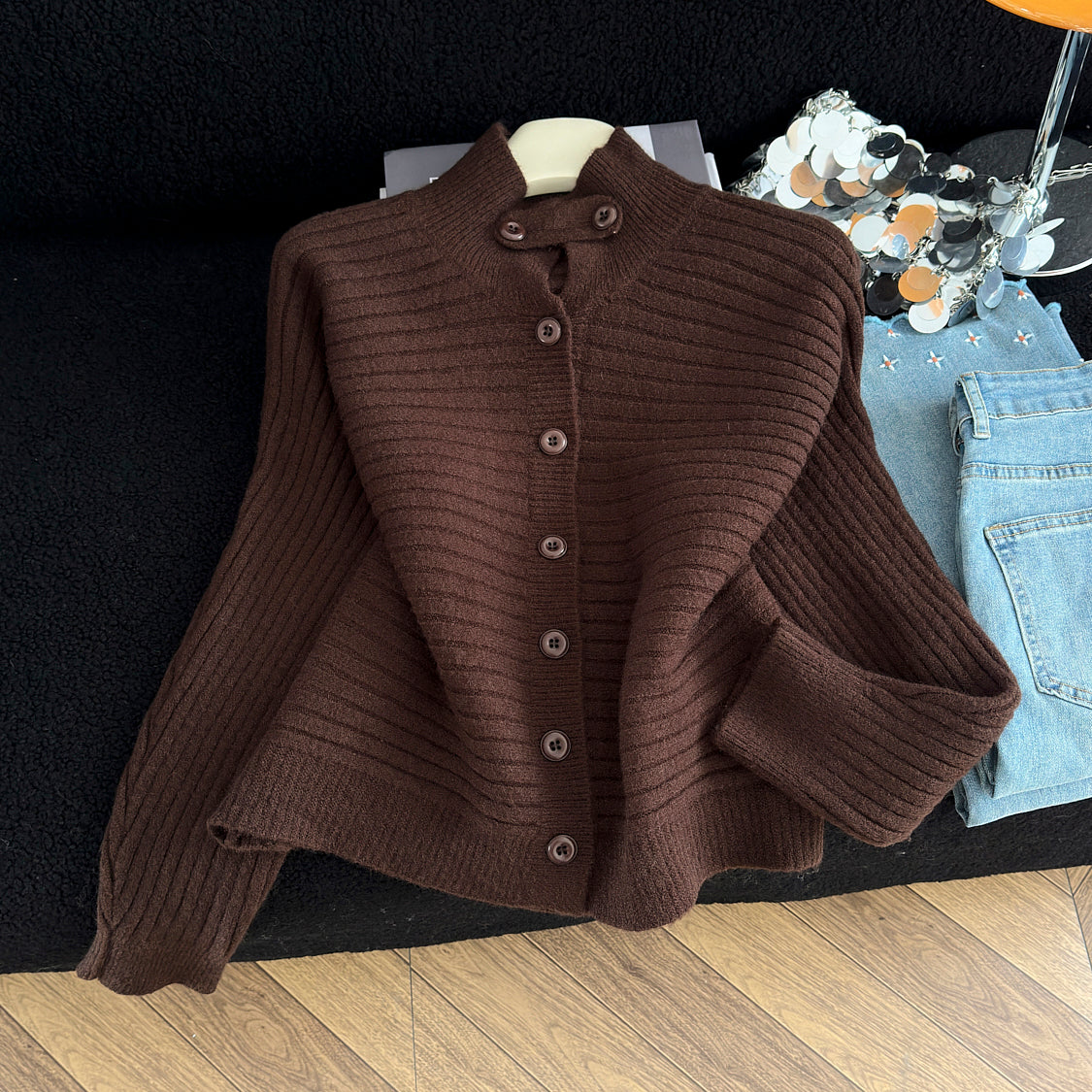 Stylish Stand-Up Collar Knit Cardigan