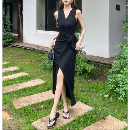 Fashionable Waist-Hugging French Striped Tie-Strap Slit Dress