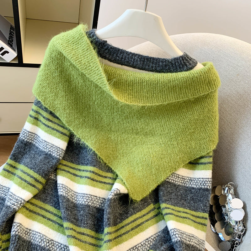 Stylish Striped Loose Knit Pullover (Shawl Included)