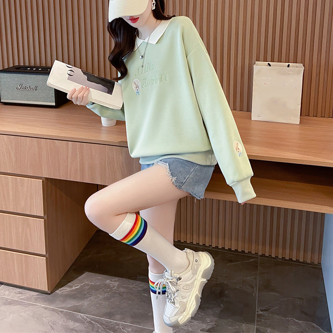 Loose-Fitting Op Collar Patchwork Plus Size Long-Sleeved Sweatshirt