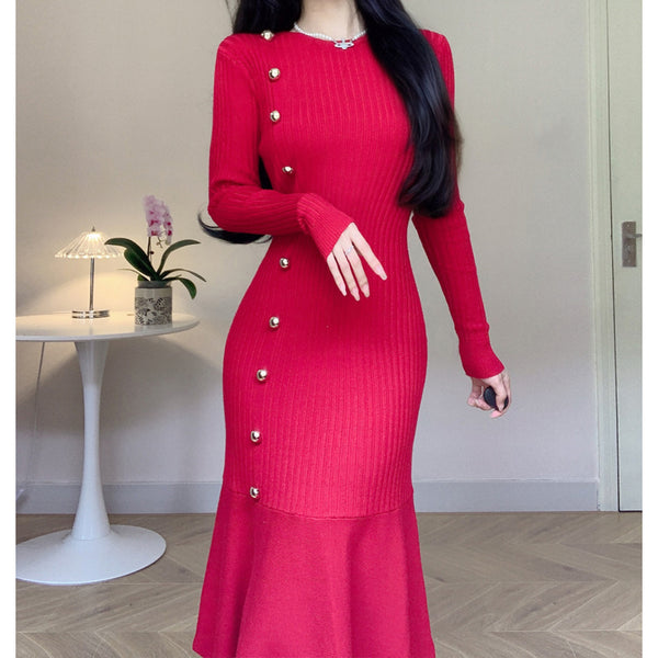 Knitted Bodycon High-Waisted Fishtail Wrap Hip Dress