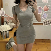 Gray v-neck short sleeve wrap hip dress